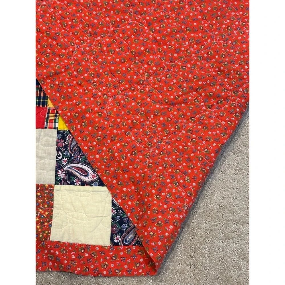 Handmade Patchwork Quilt Vintage Multi Color Scrap Block Red Floral Border 71x78